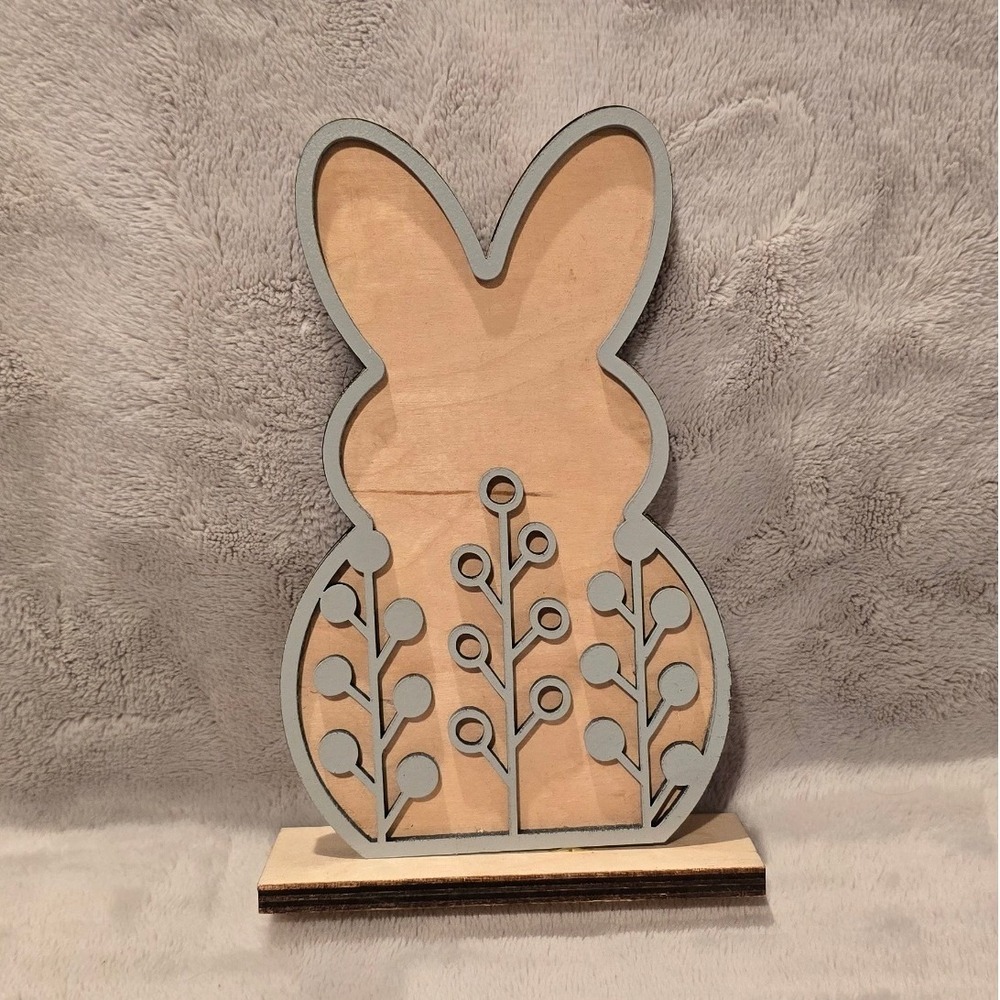 Wooden Easter Bunny Tabletop Decor Grey Floral Layered Spring Rabbit Figurine